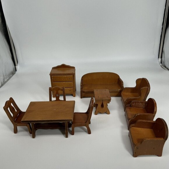 Vintage Wanner Grand Rapids Wood Dollhouse Furniture Lot of 10 USA Chairs Tables - Picture 1 of 10
